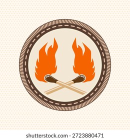 Crachá de escoteiro com fósforos em chamas. Vetor. Patch de mérito, adesivo para acampar ao ar livre e atividades acadêmicas