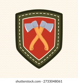 Insignia de explorador con hachas cruzadas. Vector. Parche de mérito, pegatina para acampar al aire libre y actividades académicas