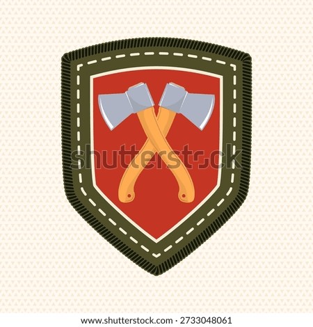 Scout badge with with crossed axes. Vector. Merit patch, sticker for camping outdoor and academic activities