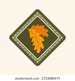 Insignia de explorador con hojas de roble. Vector. Parche de mérito, pegatina para acampar al aire libre y actividades académicas