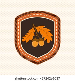 Crachá com folhas de carvalho. Vetor. Patch de mérito, adesivo para acampar ao ar livre e atividades acadêmicas
