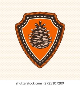 Insignia de explorador con cono de pino. Vector. Parche de mérito, pegatina para acampar al aire libre y actividades académicas