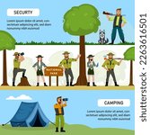 scout banners. survivor and adventure active characters in national park. Vector outdoor illustrations with place for text