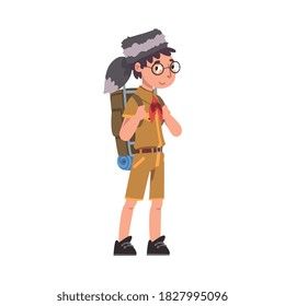 Scout Boy with Backpack, Scouting Kid Character Wearing Uniform, Neckerchief and Coonskin Cap, Summer Camp Activities Vector Illustration