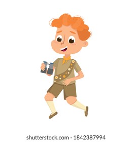 Scout Boy with Binoculars, Cute Scouting Elementary School Child Character in Uniform, Summer Holiday Activities Concept Cartoon Style Vector Illustration