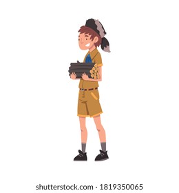 Scout Boy with Firewood, Scouting Kid Character Wearing Uniform, Neckerchief and Coonskin Cap, Summer Camp Activities Vector Illustration