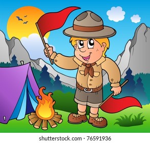 Scout boy with flags outdoor - vector illustration.