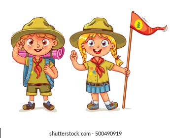 Scout Boy And Scout Girl. Scout Honor Hand Gesture. Children Scout People Adventure Camping. Hiking Recreation Tourist Group. Vector Illustration. Funny Cartoon Character. Isolated On White Background