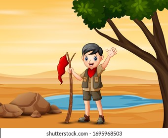 Scout boy hiking in the desert