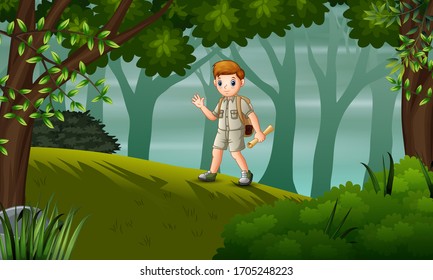 A scout boy hiking on the hill with maps