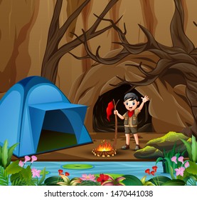 Scout boy on outdoor summer forest background with tent and backpack