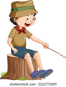 Scout boy roasting marshmallow illustration