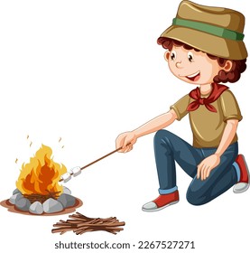 Scout boy roasting marshmallow illustration