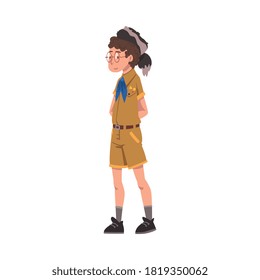 Scout Boy, Scouting Kid Character Wearing Uniform, Blue Neckerchief and Coonskin Cap, Summer Camp Activities Vector Illustration