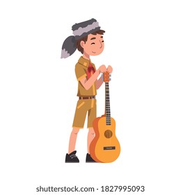 Scout Boy Standing with Guitar, Scouting Kid Character Wearing Uniform, Neckerchief and Coonskin Cap, Summer Camp Activities Vector Illustration