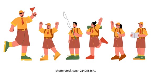 Scout boys or girls with counselor at summer camp. Kids rangers group wear uniform and camping equipment. Children with tent, fishing rod, flashlight and map Isolated line art flat vector illustration