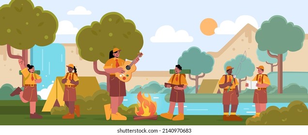 Scout boys and girls with counselor at summer camp with tents. Kids wear uniform camping adventure on nature. Children singing songs at fire, fishing, orienteering, Line art flat vector illustration