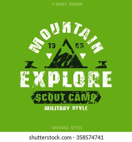 Scout camp badge. Graphic design for t-shirt. Black and white print on green background