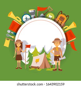 Scout camp brochure cover template, vector illustration. Friendly man and woman cartoon characters, scout leaders inviting to summer camp. Hiking trip, backpacking adventure, outdoor activity campaign