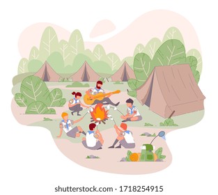 Scout Camp. Children In The Camp By Bonfire And Playing Guitar. Group Of Teen Kids On Outdoors Party At Summer. Cartoon Boy And Girl In Forest Adventures With Tent Scout Camp. Vector Young Scout Kids.