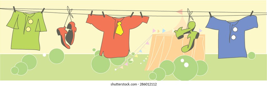 Scout camp, drying clothes, underwear on the rope. Vector