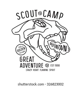 Scout camp emblem in thin line style. Graphic design for t-shirt. Black print on white background