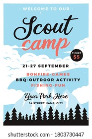 Scout camp flyer A4 format. Camping Adventure poster graphic design with mountains, forest trees and text. Stock vector retro card
