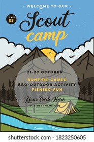 Scout Camp Flyer A4 Format. Camping Adventure Poster Grafik Design mit Außengebirgen, Waldbäumen und Text. Stockvektorrückwandkarte