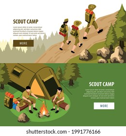 Scout camp horizontal banners advertising outdoor activities accompanied by instructor help isometric vector illustration