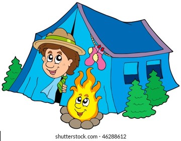 Acampada Scout en carpa - ilustración vectorial.