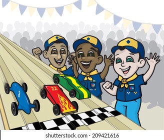 Scout Car Race. An Illustration Of Boy Scouts Racing Pinewood Derby Cars.