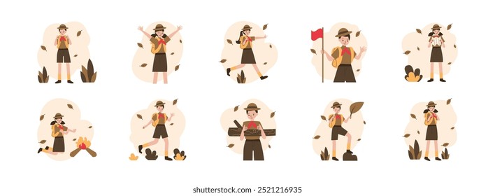 Scout Character flat illustration set. Include of scout, adventure, and education. Vector illustration isolated.