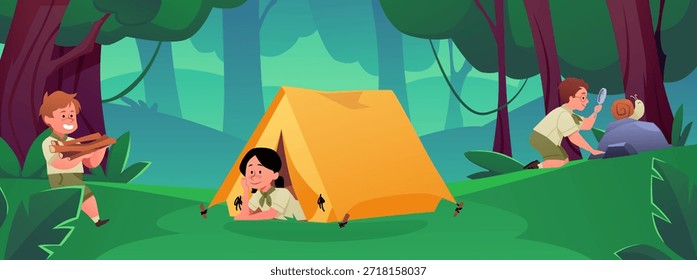 Pfadfinderkinder zelten im Wald. Gruppe von Pfadfindern, die im Campingzelt ruhen, Feuerholz für ein Feuer vorbereiten und Insekten untersuchen. Vektorgrafik von Sommeraktivitäten, Kinder-Expedition und erkunden