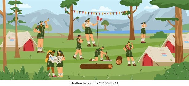 Scout children camping in the forest near the mountains. Scouts wearing uniform make a campfire near the tent, exploring map. Vector cartoon illustration of summer activities, expedition and explore