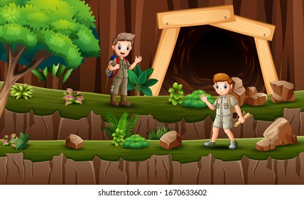 Scout children hiking on the cliff