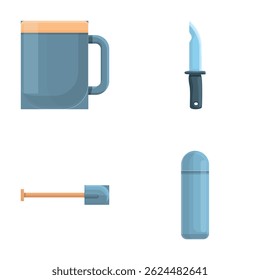 Scout equipment icons set cartoon vector. Various tool for expedition. Active lifestyle