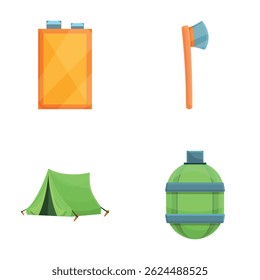 Scout equipment icons set cartoon vector. Various tool for expedition. Active lifestyle