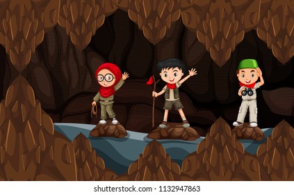 Scout exploring dark cave illustration