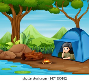 Scout girl in blue tent and see the view around him