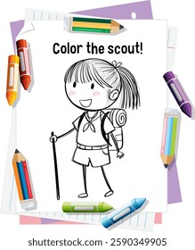 A scout girl with crayons for coloring fun