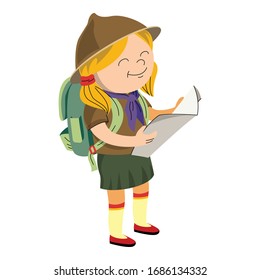 Scout girl with map icon. Cartoon of scout girl with map vector icon for web design isolated on white background