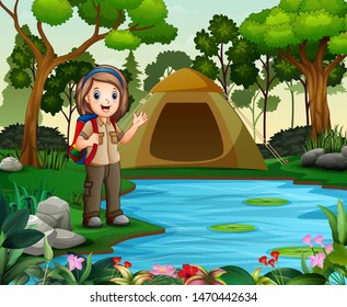 Scout girl on outdoor with tent and backpack