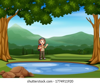 Scout girl rest near the small pond