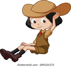 Scout girl sitting isolated on white background