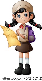 Scout girl standing with holding a map