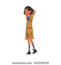 Scout Girl Standing Throwing Hands Over Her Head, Scouting Kid Character Wearing Uniform and Neckerchief, Summer Camp Activities Vector Illustration