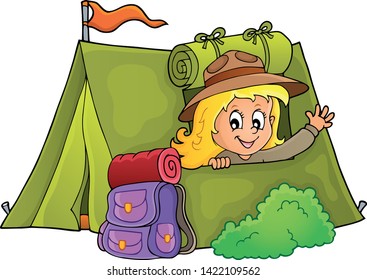 Scout girl in tent theme 1 - eps10 vector illustration.