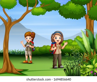 The scout girls are explore the forest