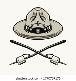 Scout hat and two crossed marshmallow on wooden sticks colorful vector object in cartoon style isolated on dark background