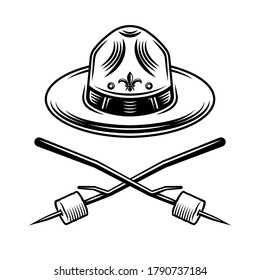 Scout hat and two crossed marshmallow on wooden sticks vector graphic object or design element in vintage monochrome style isolated on white background